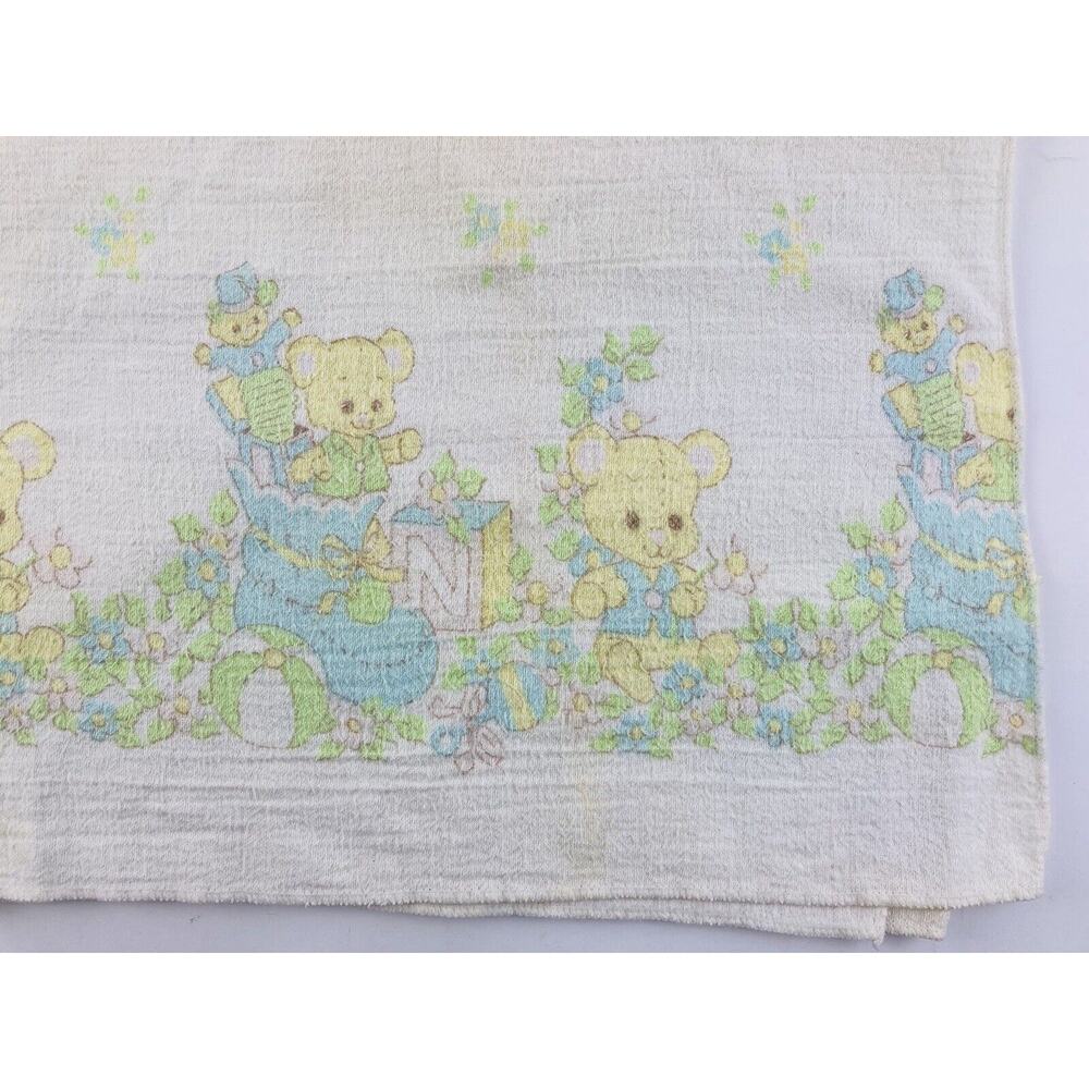 Vintage Riegel Baby Receiving Blanket Teddy Bear Number Blocks wood Flowers Ball